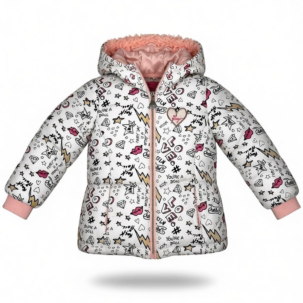 Betsey Johnson Girls 3T Pink Faux Fur Hood Graphic Puffer Jacket
